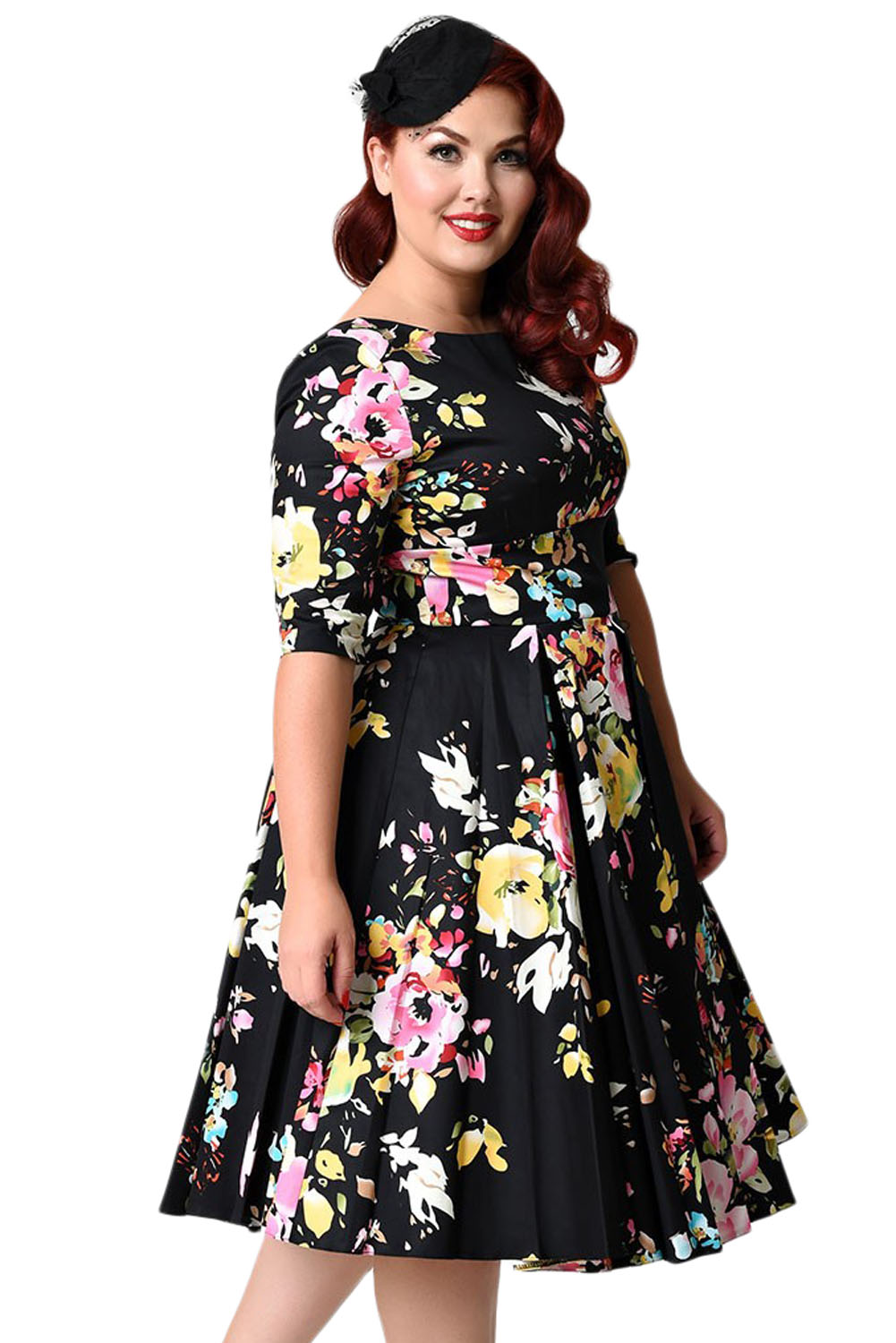 BY61702-2 Black Vintage Style Floral Half Sleeve Swing Dress